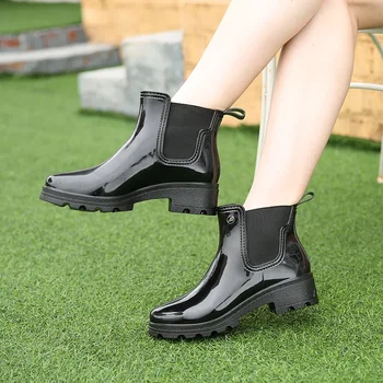 нова мода качество дама PVC гумени обувки топъл дъжд ботуши ярки дамски високи токчета еластични ниска тръба дъждобрани дамски обувки