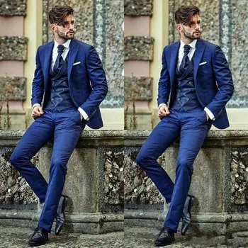 Луксозни мъжки костюми сини редовни дължина връх ревера еднореден официален 3 парче яке панталони жилетка тънък годни бала парти екипировки