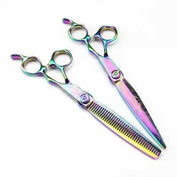 Professional 7'' Rainbow Damascus Upscale ножица за рязане на коса ножици изтъняване бръснар прическа ножици Фризьорски ножици