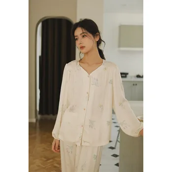2023 Есенен сатен дълъг ръкав пижама комплект сладък сладък удобен печатни домашно облекло памук коприна свеж и елегантен спално облекло