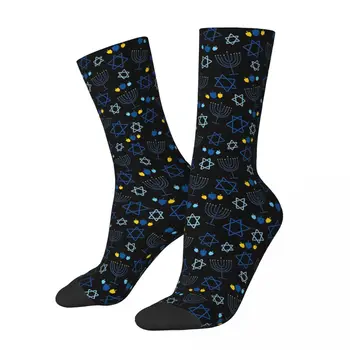 Ретро Ханука звезди менора и драйделс Doodle модел мъжки чорапи Ханука Менора модел унисекс отпечатани луд екипаж чорап