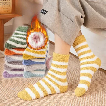 Зимни топли жени меки пухкави ивици легло чорапи дами фоайе етаж чехъл руно плюшени сгъсти корал топло спящи чорапи