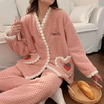 V-образно деколте сладък за сладко зимно домашно облекло розово нощно облекло пижами женски пижами фланела пижами спално облекло комплекти дебели жени топло