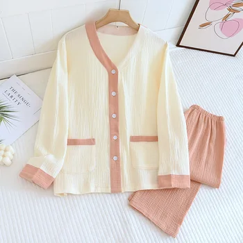 Пролет и есен Тънки памучни блузи с V-образно деколте с дълъг панталон 2 бр. Пижами комплект Домашно облекло Свободен размер Conjuntos De Mujer