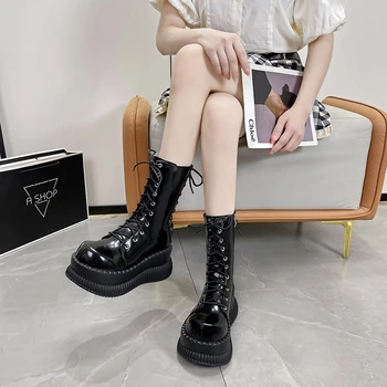 Дамски обувки 2023 Висококачествени кръстосано обвързани дамски ботуши Мода Side Zipp платформа Кръгли пръсти Ботуши в средата на прасеца Zapatillas De Mujer