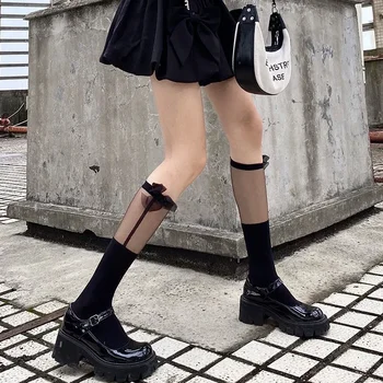 Лолита чорапи момичета черен бял лък възел чорапи японски стил JK теле чорапи лято тънки дълги чорапи средна тръба памук трикотаж