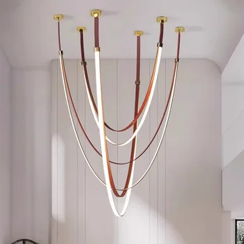 Постмодерен минималистичен полилей за всекидневна Creative Long Strip Belt Led лампа за вила Hall Duplex LOFT висулка светлина