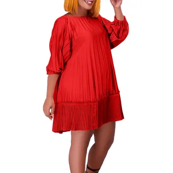 Плисирана рокля 2023 Летни елегантни африкански жени 3/4 фенер ръкав полиестер мини рокля S-3XL африкански рокли за жени