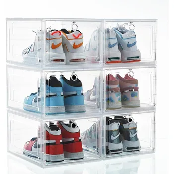 VILAN Shoe Organizer Подреждаща се кутия за съхранение на обувки за килер Прозрачна пластмаса с магнитна врата (6-прозрачни кутии)