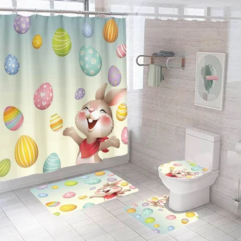 Великденско яйце заек душ завеса водоустойчив полиестер баня завеса комплект тоалетна капак капак и килими за баня килим начало декор