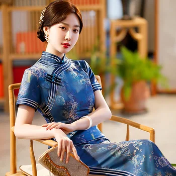 Yourqipao 2023 лято дълго синьо подобрена Cheongsam елегантен банкет цвете реколта Qipao китайски стил вечерна рокля за жени