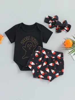 Baby Boys Хелоуин тениска комплекти оранжев дълъг ръкав тиква печат чай и раирани панталони шапка комплекти