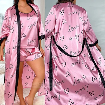 Плюс размер 5XL женски пижами от три части комплект пролет лято дълго кимоно халат за баня Gowm спално облекло хлабав печат любов сатен домашно облекло