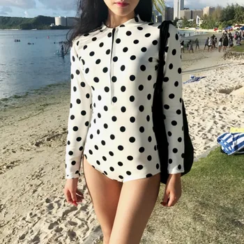 2024 Нов корейски едно парче бански жени дълъг ръкав бял кръг точка бански костюм секси тънък плаж почивка бански костюми Плажно облекло