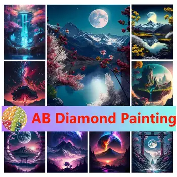 Диамантена живопис Нова колекция Moon Mountain Lake Diy Пълен кристал бродерия естествен пейзаж 5D мозайка картина