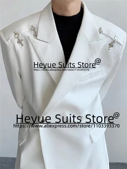Korea Fashion loosen White Prom Suits For Men Custom Peak Lapel Groom Wedding Suits 2Pcs Sets Handsome Male Blazer Costume Homme