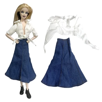 NK 1 комплект 30CM принцеса мода бяла риза с къс ръкав синя разкроена пола ежедневни дрехи за кукла Барби аксесоари подарък играчка