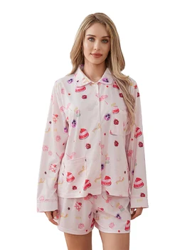 Жените заек две части пижама комплект удобен животински печат бутон надолу дълъг ръкав риза върховете и шорти фоайе комплект