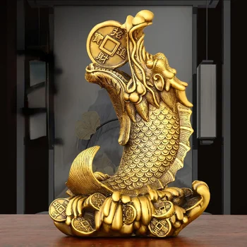Фън Шуй мед Покана богатство месинг дракон главата риба орнамент Начало Настолни декорации
