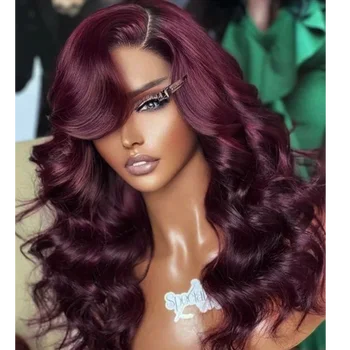 Body Wave Lace Frontal Wigs Dark Purple Synthetic Lace Glueless Wig Dark Burgundy Pre Plucked Wig With Baby Hair For Women
