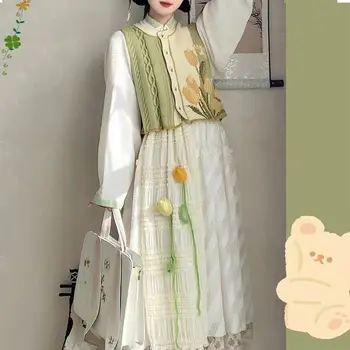 Оригинална ханфу пола 3Pcs древен китайски костюм жени традиционен щанд яка риза трикотажен пуловер жилетка елегантен флорална пола