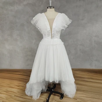 DIDEYTTAWL Реална картина дълбоко V-образно деколте A-Line тюл Flare ръкави сватбена рокля отворен гръб високо ниско съд влак булчински рокля