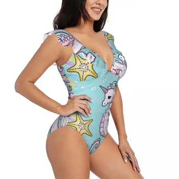 Ruffle жени секси един парчета бански костюми женски сладък карикатура дъга морско конче еднорог монокини бански костюм плажно облекло