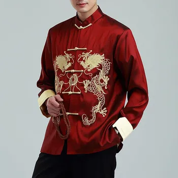 Мъжки 2023 есен бродирани дракон Tang костюм якета Мъжка риза Топ яке високо качество Cheongsam Hanfu ретро ханфу палто