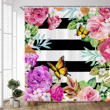 розови растения флорални душ завеса акварел цвете пеперуда на черно бели ивици фон баня завеса полиестер кука