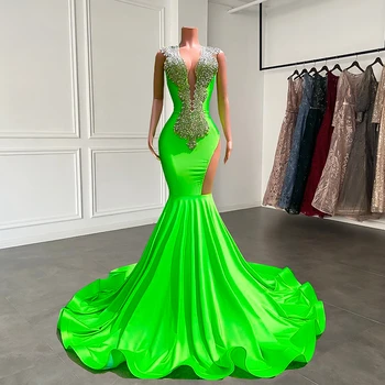 Разкошен монтирани русалка стил отвесни O-образно деколте луксозни сребърни мъниста диамант зелен ликра черно момиче дълги абитуриентски рокли 2023