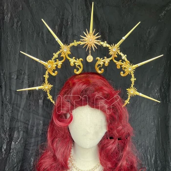 Goddess Gold Spike Halo Headpiece Gothic Lolita Girl Cosplay Sun Crown Колие за глава Лента за глава Аксесоари за сватбено булка парти