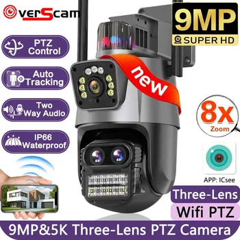 9MP WiFi камера на открито с три обектива с двоен екран 8X увеличение охранителна камера 4K 8MP полицейска светлина аларма за видео наблюдение WiFi камери