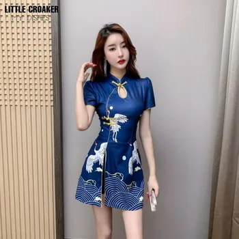 Жени китайски стил ретро подобрен темперамент печат Cheongsam модерна рокля синьо китайски Qipao рокли за жени