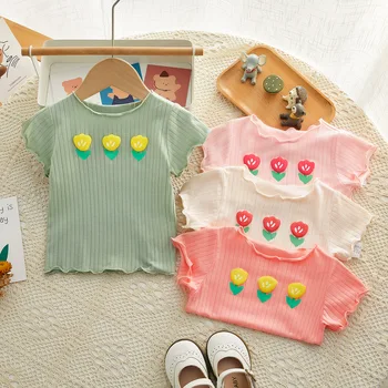 2024 лято 1-3 година бебе момичета тениска цвете печат пресни къс ръкав бебе момиче долна риза лек новородено момиче пуловер