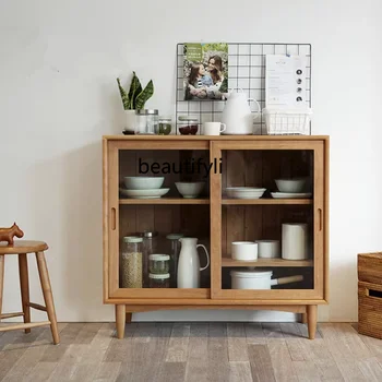 Nordic Simple Solid Wood Dining Side Storage Tea Cabinet Домакински шкаф за съхранение Стъклена плъзгаща се врата Кухненски шкафмебели