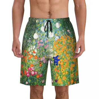 Цветна градина от Густав Климт Бордови шорти Мъжки готини плажни шорти Слипове Живопис Изкуство Бързи сухи плувни куфари
