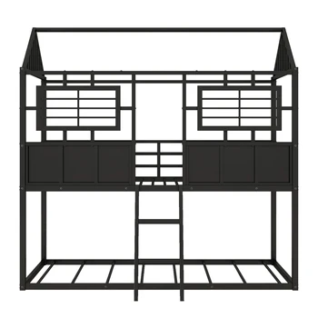 Twin over Metal Low Bunk Beds with Roof and Fence-shaped Guardrail, Black