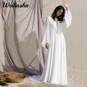 Бохемски плаж Сватбена рокля за булки 2023 Дълги ръкави Шифин булчински с V врата и почистване Влак Вестидо Новия