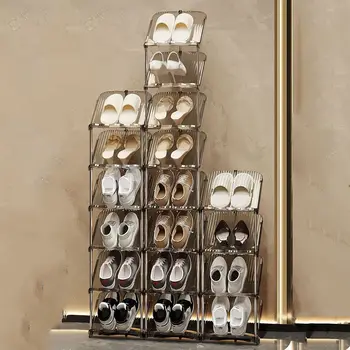 Подреждащ се един върху друг организатор на рафтове за обувки Сгънат прозрачен спестяващ място багажник за съхранение на обувки Подвижна многослойна кула за обувки Спалня
