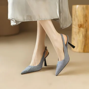 2023 Ново лято Дамски високи токчета тънки токчета френски темперамент посочи единични обувки Baotou сандали мода Commuter високи токчета