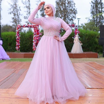Розови абитуриентски рокли дълги ръкави дължина на пода линия тюл кристал мъниста скромни вечерни рокли за рожден ден за хиджаб жени